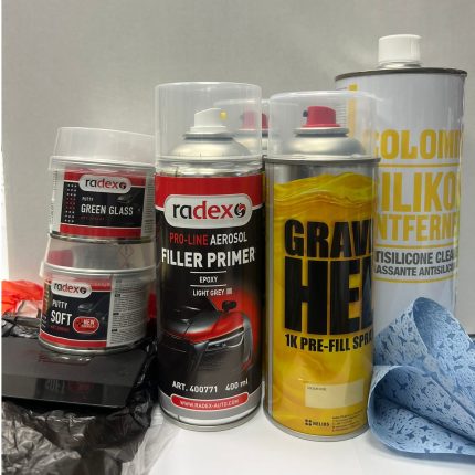 Auto krāsošans komplekts ar aerosolu - plēve, attaukotājs, grunts, krāsa, laka